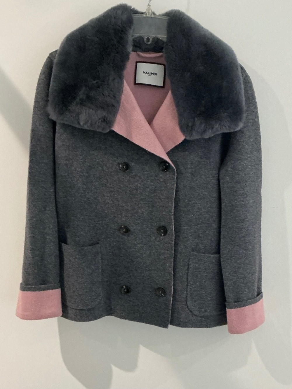 Max & Moi Paris Wool Knit Jacket 100% Real Rabbit Fur Collar Grey Pink 38